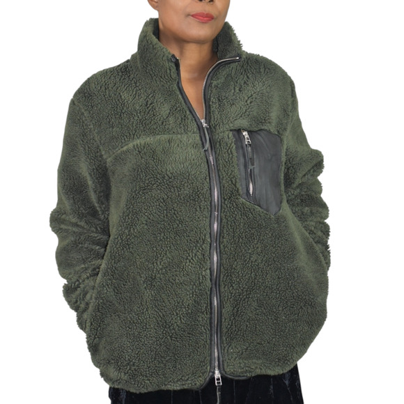 Anine Bing Ryder Faux Fur Jacket Green Olive Sherpa Teddy Plush Zip Front Small - Picture 14 of 16